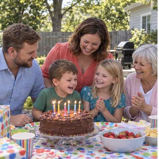 The Miller family celebrating Noah’s birthday around a chocolate cake