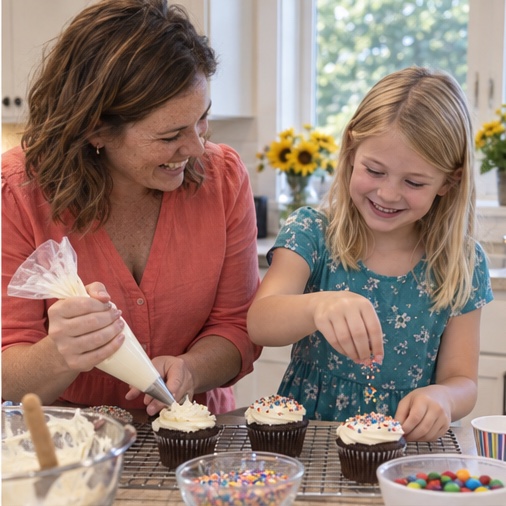 Emily and her daughter decorating cupcakes for Noah’s birthday