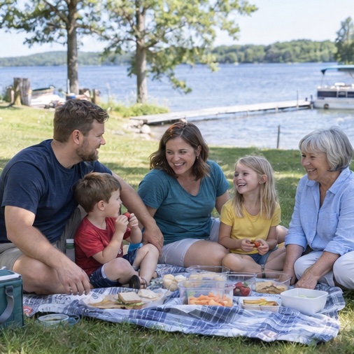 The Millers having a picnic beside the lake at the park