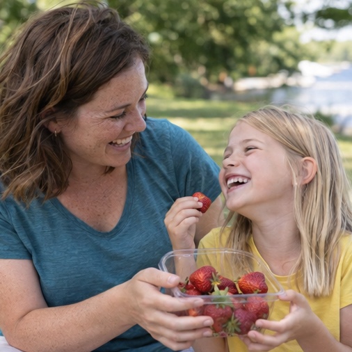 Emily and her daughter sharing strawberries at the playdate