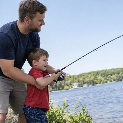 Daniel helping Noah fish from the shore at the park