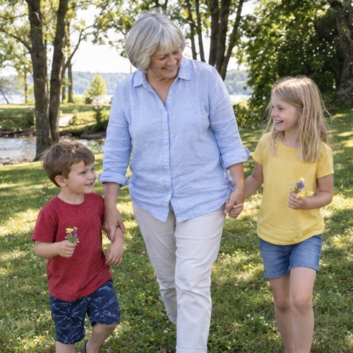 Grandma walking with the children at the same playdate