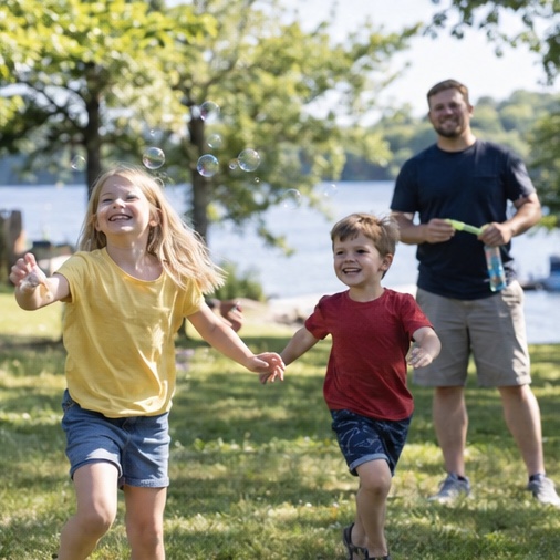 The children chasing bubbles at the park